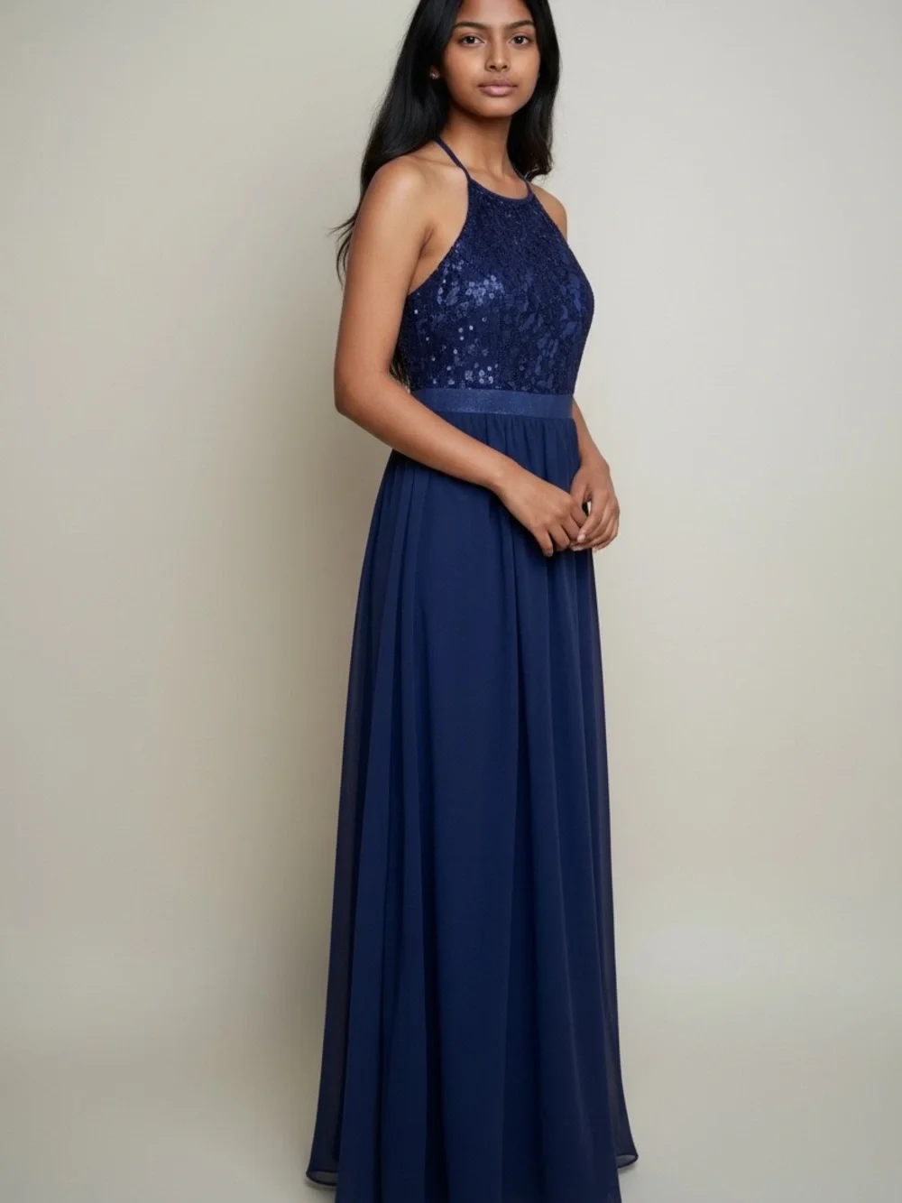 Navy Halter Lace & Chiffon Maxi Dress